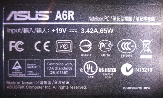 Asus A6R bottom case label