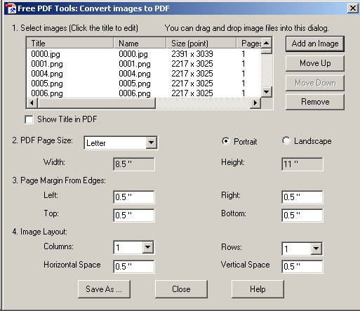 Окно программы для преобразования картинок в PDF из набора PDFill Tools