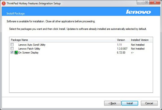 Установка программ пакета Lenovo Hotkey Features Integration